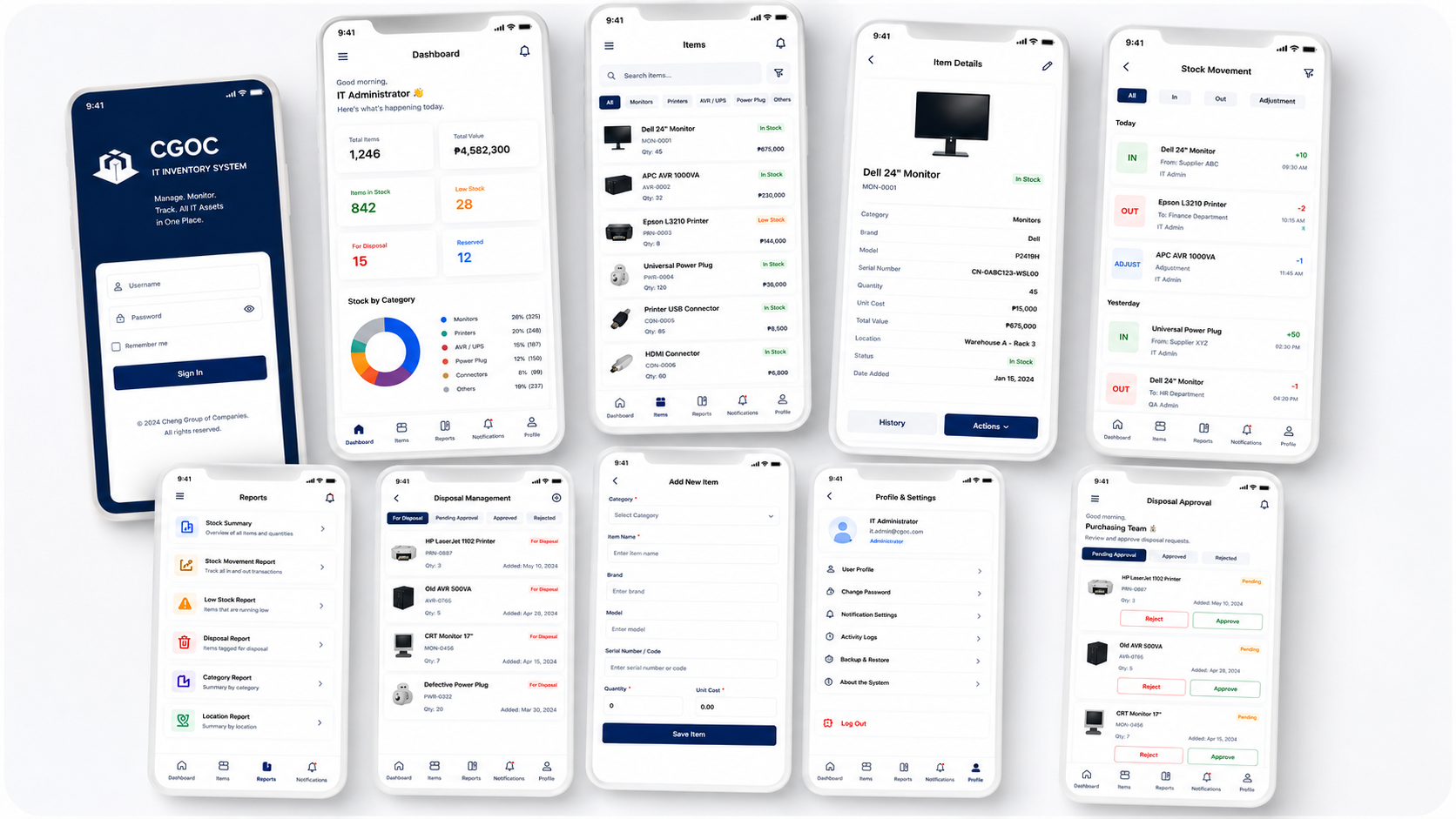Inventory Management System screens showing dashboards, item records, reports, and disposal approvals