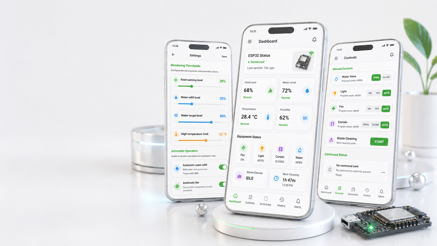 Poultry Monitoring System mobile screens showing environment readings, device controls, and an ESP32 controller