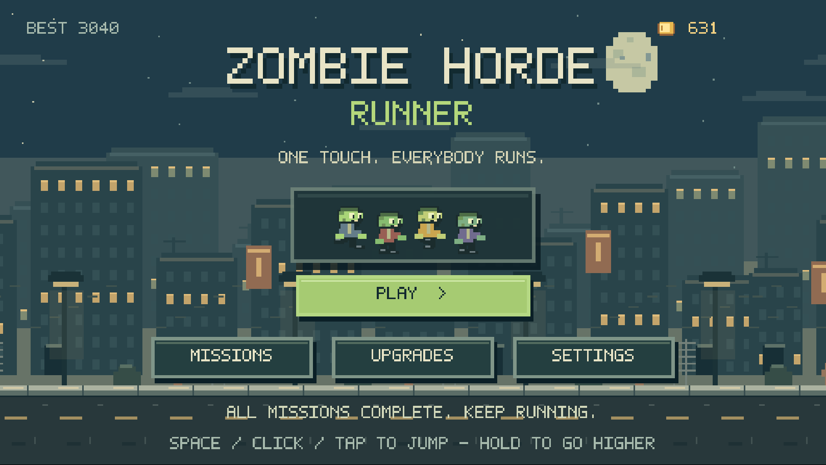 Zombie Horde pixel-art title screen showing four zombies against a nighttime city backdrop